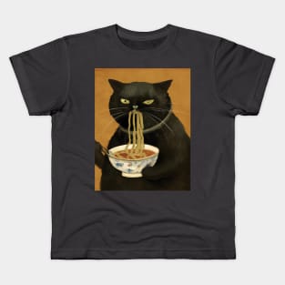 Black noodle cat eating Pho noodles Kids T-Shirt